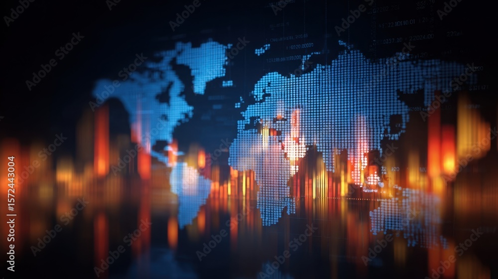 Poster an engaging digital representation of the world map illuminated by market indicators and graphs set 