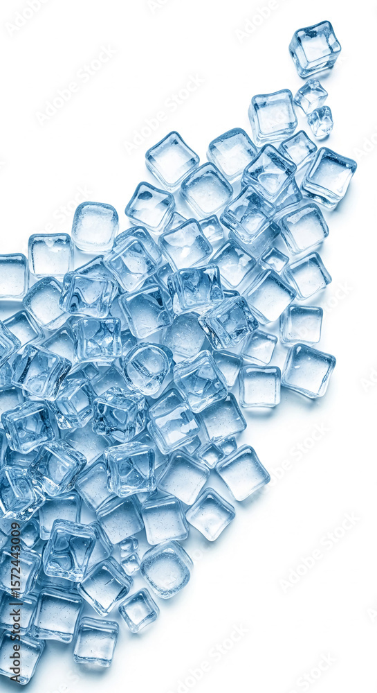 Poster pile of translucent ice cubes on white background, creating a cool and refreshing visual, ideal for 