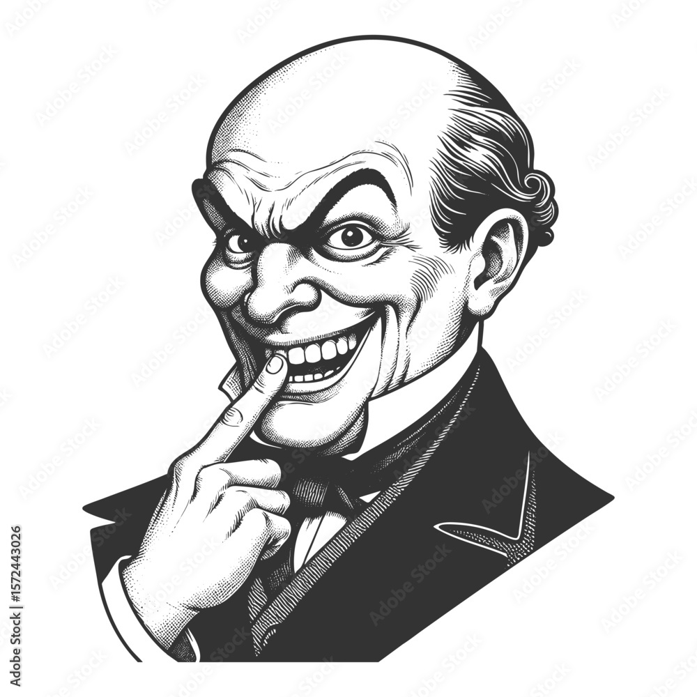 Poster bald man in formal attire grinning mischievously while pointing to his teeth with a playful expressi