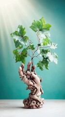 Detailed Hand Carved Stone Sculpture Holding a Green Vine Against a Teal Background