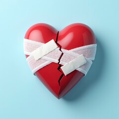 Broken heart and treatment. Applying adhesive plaster to damaged heart.
