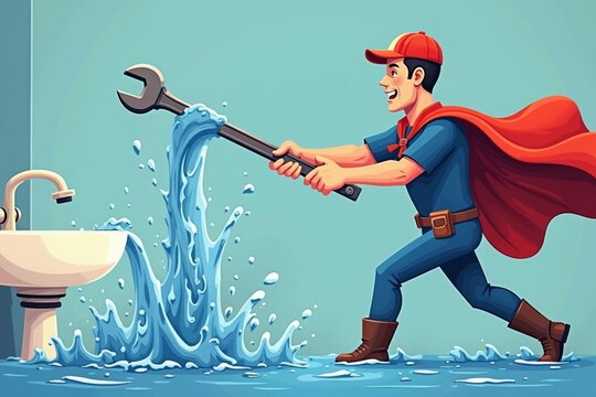 Plumber Superhero in Action: Using Giant Wrench to Combat a Bursting Sink Pipe Flooding