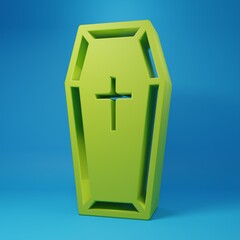 Obraz premium Green Coffin with christian cross icon isolated on blue background. Happy Halloween party. Minimalism concept. 3D render illustration