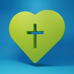 Green Christian cross in heart icon isolated on blue background. Happy Easter. Minimalism concept. 3D render illustration