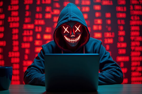 Dark Hacker Unleashes Ransomware Malware Breach in Photo of Skull-Masked Figure Surrounded by Glowing Red Code at Computer - Powered by Adobe