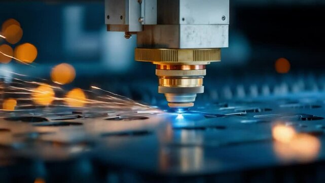 Precision Laser Cutting in Action: A close-up shot captures the intense process of laser cutting, with a beam precisely etching intricate patterns into a metal sheet.