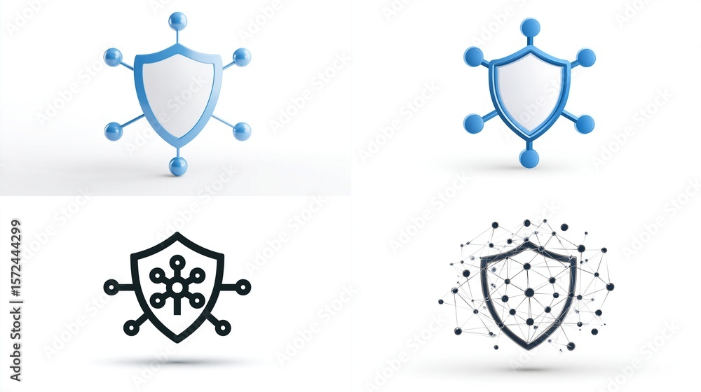 Poster shield-shaped symbols representing security, network, and connections. 4 different styles with a cle