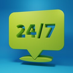 Green Clock 24 hours icon isolated on blue background. All day cyclic icon. 24 hours service symbol. Minimalism concept. 3D render illustration