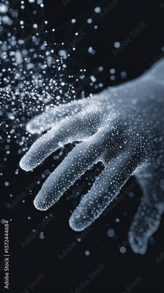 Poster a visual metaphor of a hand interacting with complex data points in a digital environment emphasizin