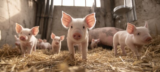 The adorable piglets exploring their cozy farm environment in natural light.