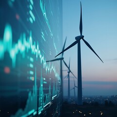 A wind turbine with graphs and charts on the screen behind it, representing green energy market data in an urban setting.