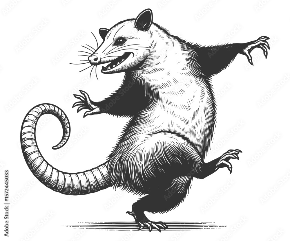Poster dancing opossum sketch engraving generative ai fictional character vector illustration. scratch boar