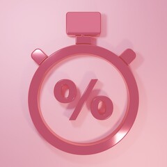 Pink Stopwatch and percent icon isolated on pink background. Time timer sign. Minimalism concept. 3D render illustration
