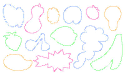 Set of abstract fruits design shapes. Retro Y2K pixel 8bit style. Vector illustration. Apple, banana, lemon, cherry, berry, pear, pineapple.	
