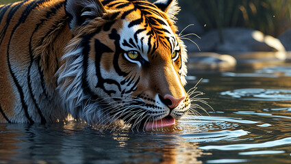 Wildlife Portrait of a Tiger in Calm Waters with Detailed Fur, Gentle Ripples, and a Peaceful, Natural Habitat

