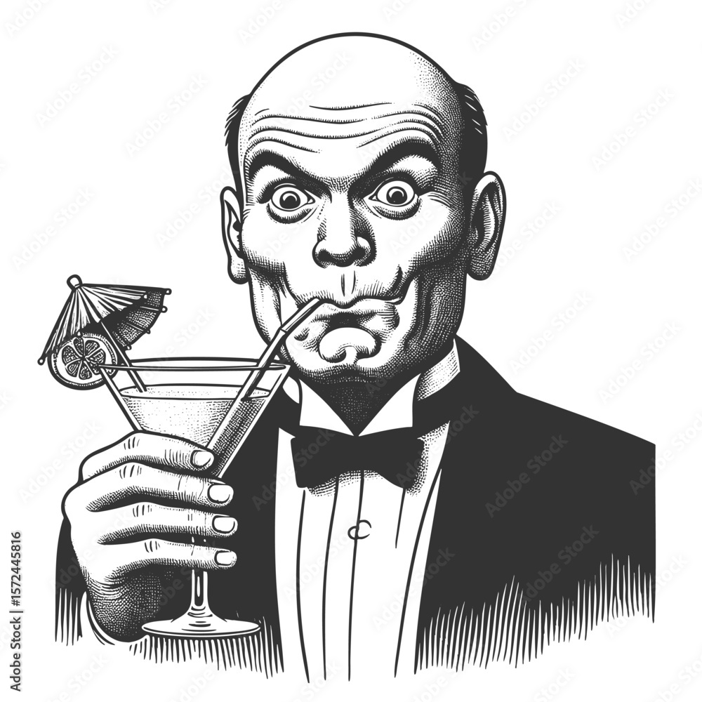 Poster bald man in a tuxedo sipping a tropical cocktail with a straw and surprised expression sketch engrav