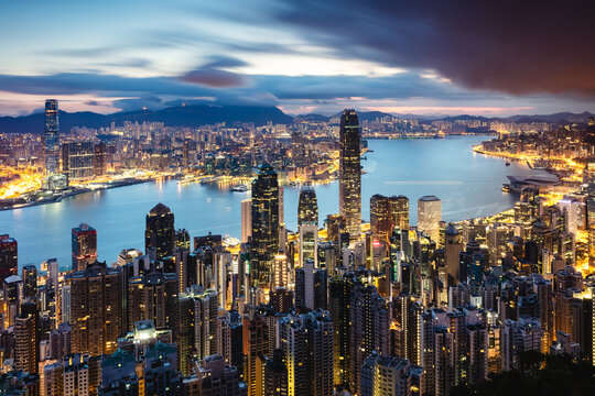 Hong Kong harbour and skyline at dawn