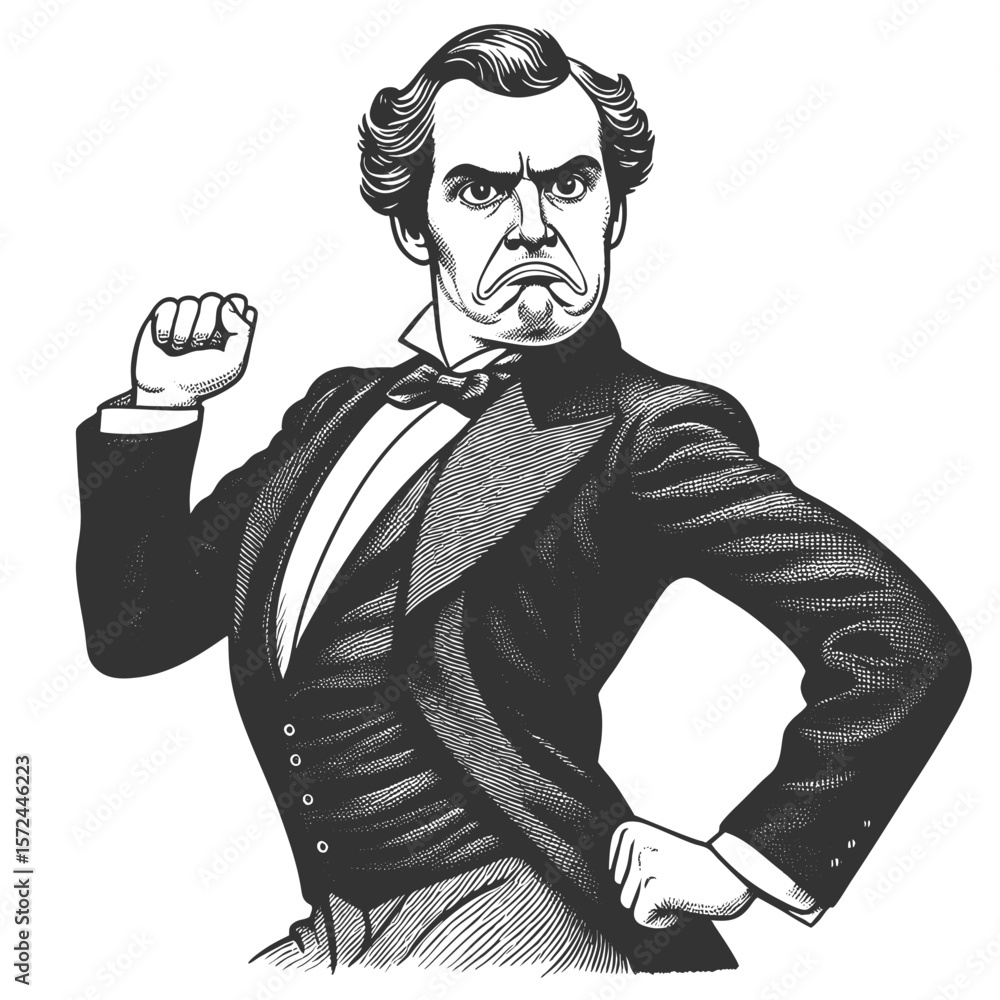 Poster gentleman in a tuxedo striking a flamboyant dance pose with exaggerated flair sketch engraving gener