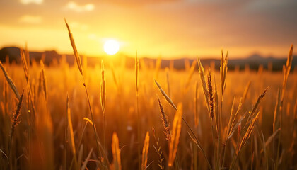 Golden Hour Sunset Over a Wheat Field with Soft Focus and Bokeh Effect