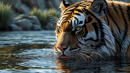 Graceful Tiger Resting in Clear Water Surrounded by Grey Rocks and Soft Lighting Capturing Natural Beauty and Raw Power

