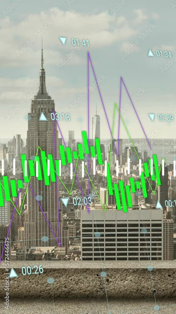 Poster animation of graphs and charts processing data over sunny cityscape