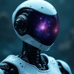 A futuristic humanoid robot amidst a colorful cosmic backdrop gazing into the depths of space filled with stars.