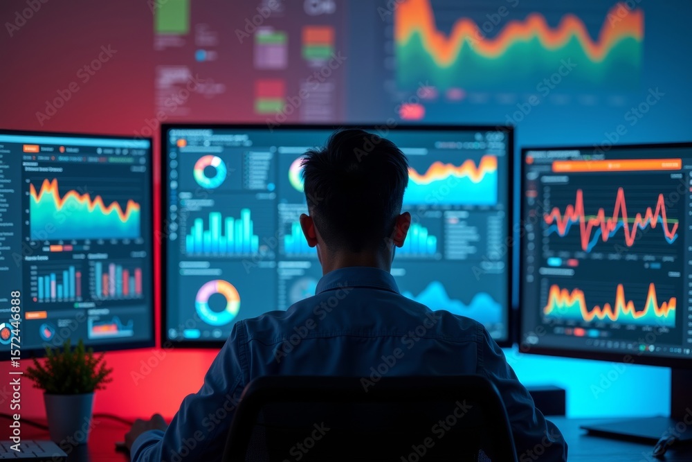 Poster analytical expert surrounded by vibrant data visualizations and graphs representing business perform