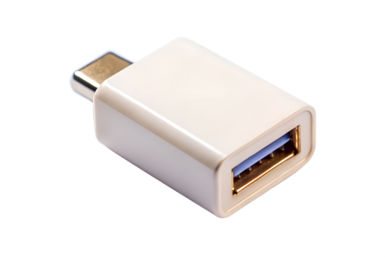 A small white usbc to usba adapter is ready to connect your devices isolated on transparent background