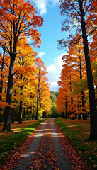 Fototapeta premium A picturesque autumn road framed by vibrant trees with colorful foliage under a clear sky