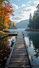 Serene autumn lakeside scene featuring a wooden dock, trees, and tranquil water reflection