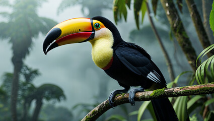 Eye-Level View of a Toucan in the Rainforest Surrounded by Lush Greenery, Capturing the Beauty of Tropical Wildlife

