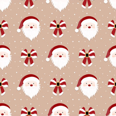 Seamless Christmas pattern with Santa Claus faces, candy bows, and snowflakes on beige background. Great for Christmas wrapping, fabric, and holiday design.