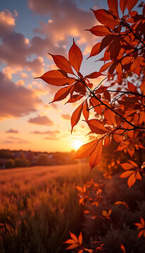 Stunning autumn sunset over a field with vibrant red leaves in the foreground