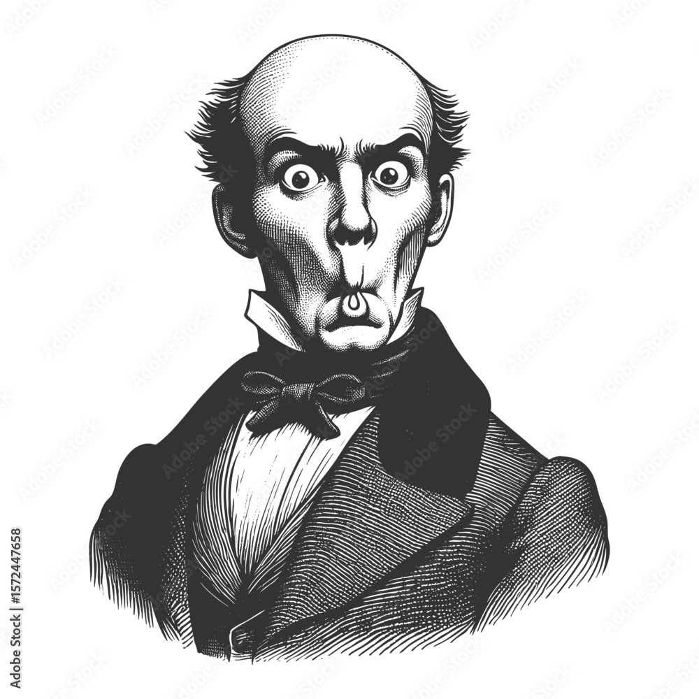 Poster bald man in formal clothing with wide eyes and puckered lips in a fish-face expression sketch engrav