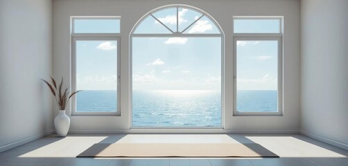 Serene ocean view through window, bright, minimalist zen yoga room,  balance,  minimalist