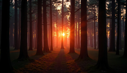 Stunning sunset view through a forest with tall trees and warm light