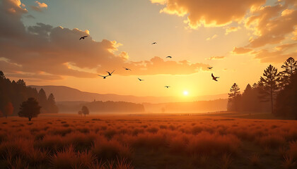 Fototapeta premium Golden Hour: A Serene Landscape with Birds Soaring Across a Sunset Sky