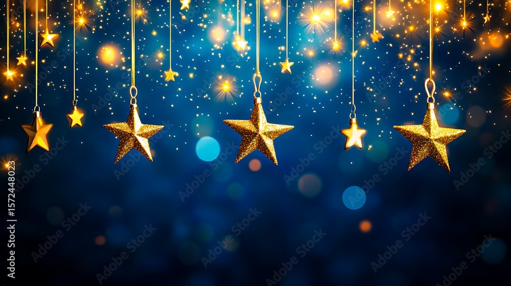 Aufkleber magical golden stars twinkle against a deep blue background with bokeh lights, creating a festive an