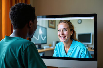 Telemedicine in Action: African Healthcare Professional Conducting Remote Consultation with Patient in Rural Village, Monitoring Vitals on Screen