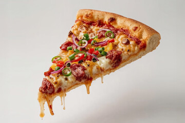 Delicious pizza slice floating, with melted cheese dripping. Topped with vibrant bell peppers, red onions, and savory pepperoni. Perfect for food and restaurant promotions.