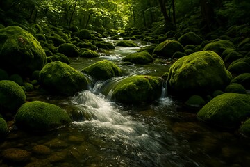苔むした渓流の森景観｜Mossy Forest Stream Landscape