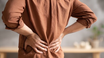 Man pressing his lower back with both hands, suffering from back pain. 