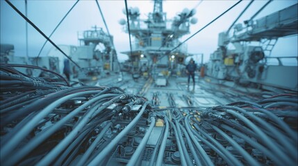 Closeup of a seismic survey ships rear deck featuring a hightech array of geophones connected by intricate cables preparing for a data collection mission as crew members ensure all