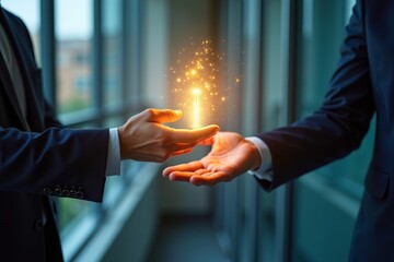 Symbolic Image of Businessman Passing Glowing Baton to Partner, Signifying Success and Leadership Transfer in the Office