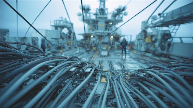 Closeup of a seismic survey ships rear deck featuring a hightech array of geophones connected by intricate cables preparing for a data collection mission as crew members ensure all