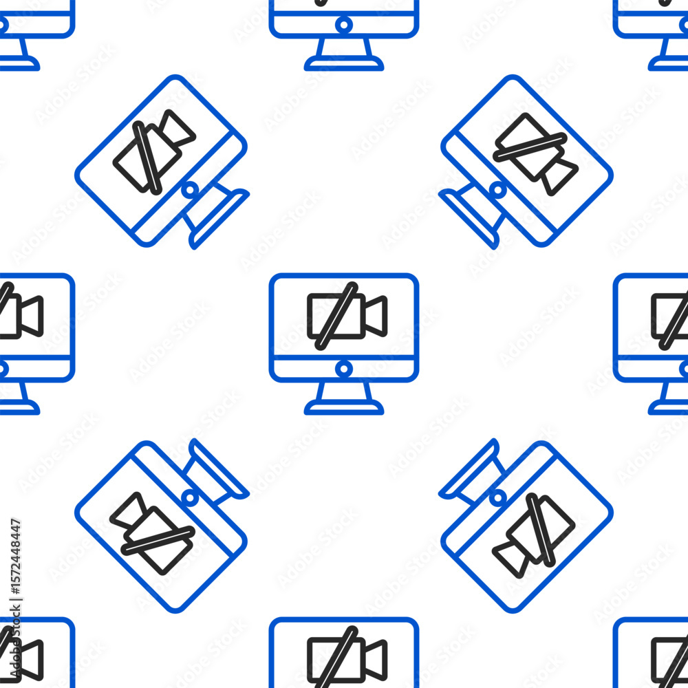 Poster line video camera off on computer icon isolated seamless pattern on white background. no video. colo