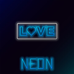 Glowing neon line Love text icon isolated on black background. Valentines day greeting card template. Colorful outline concept. Vector