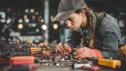 Industrious Technician at Work: A focused technician, deeply engrossed in detailed electrical work, embodies precision and expertise within a modern industrial setting.