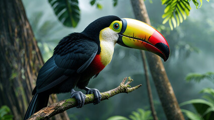 Colorful Toucan with Yellow and Orange Beak Sitting on a Green Mossy Branch in a Dense, Misty Jungle Environment

