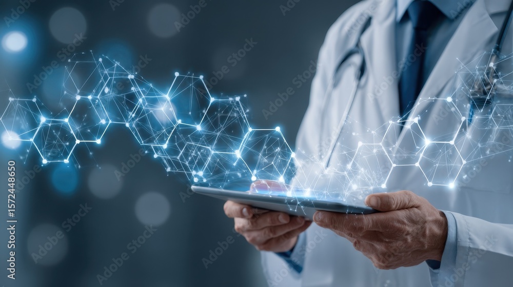 Poster a dedicated medical expert in a lab coat holds a tablet displaying realtime health metrics enveloped